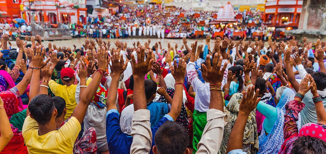 Thousands of Hindu Pilgrims/ People in the holy city of Haridwar in Uttarakhand, India during the evening light ceremony called Ganga arthi to worship river Ganga / Ganges. Culture, Tradition,ceremony; Shutterstock ID 651357958; PO: 123