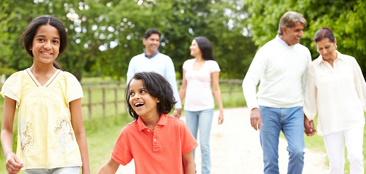 Muti-Generation Indian Family Walking In Countryside