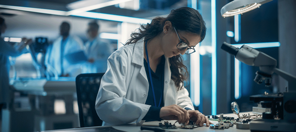 a young scientist working under a microscope 